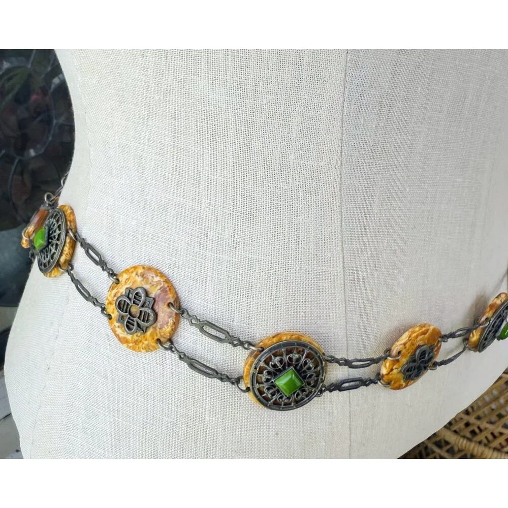 Antique 30's Celloid Circles Green Glass Silverplate women's Link Belt/Necklace - Picture 8 of 16